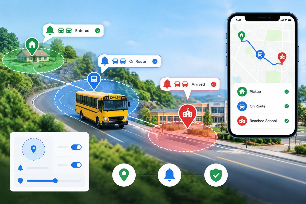 School bus on its route with geofence alerts for entered, on route and arrived at each stop