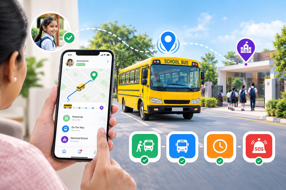 A parent's phone showing a school bus boarding alert as a notification