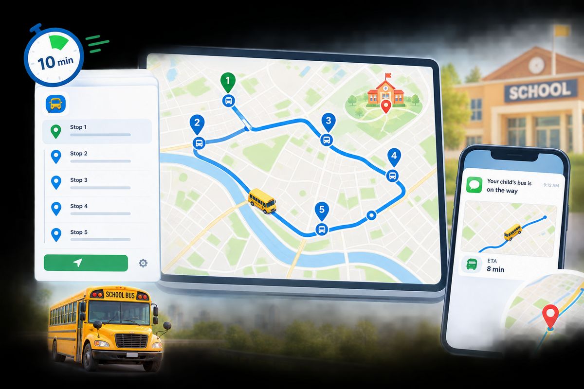 School bus parked outside a school gate with a transport in-charge holding a checklist