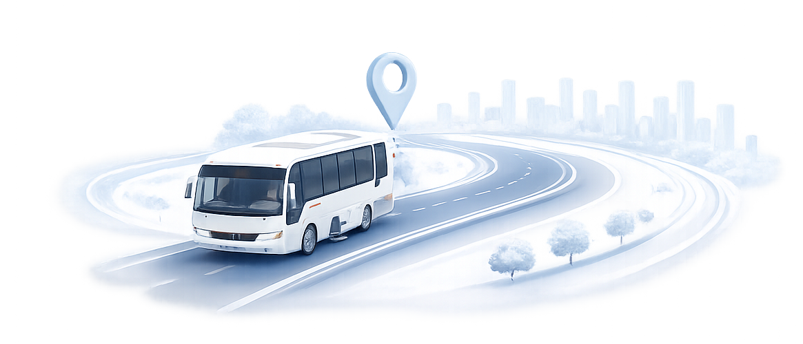 Bus on the road with a location pin